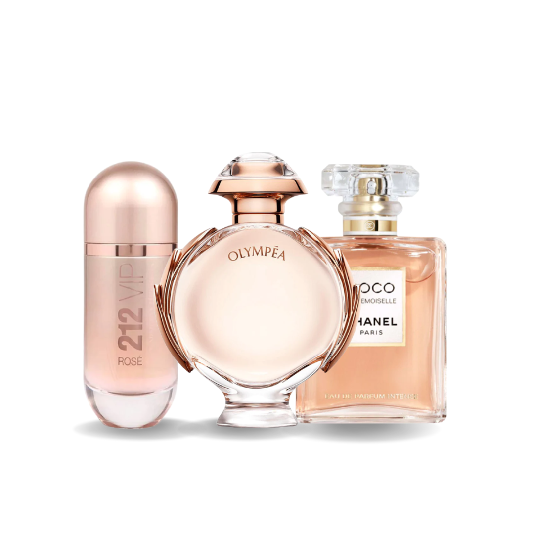 Combo aus 3 Damenparfums - 212 VIP Rosé von Carolina Herrera, Olympéa von Paco Rabanne und Coco Mademoiselle von Chanel (je 100ml)