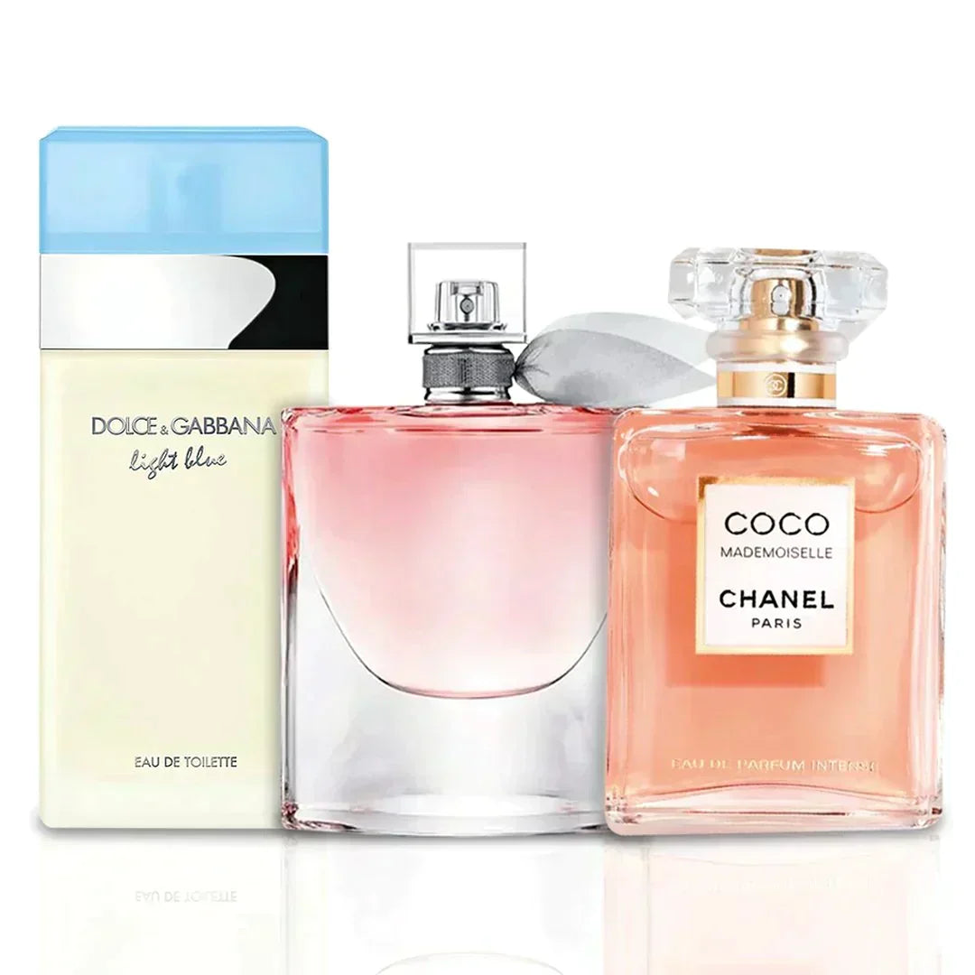 Combo aus 3 Damenparfums - La Vie Est Belle von Lancôme, Mademoiselle von Chanel und Light Blue von Dolce & Gabbana (je 100ml)